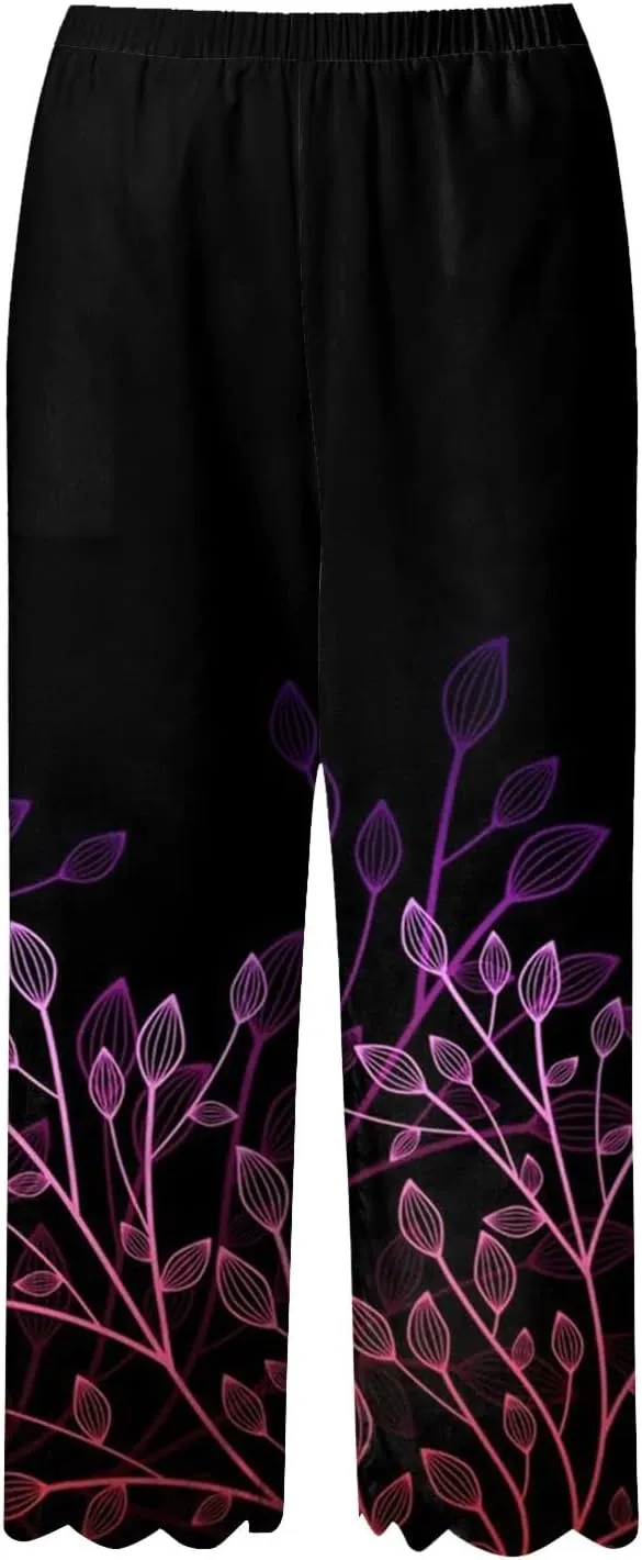 Women's Linen Capri Pants Casual Floral Printed High Waisted Elastic Bottoms Flowy Wide Straight Leg Trousers With Pockets