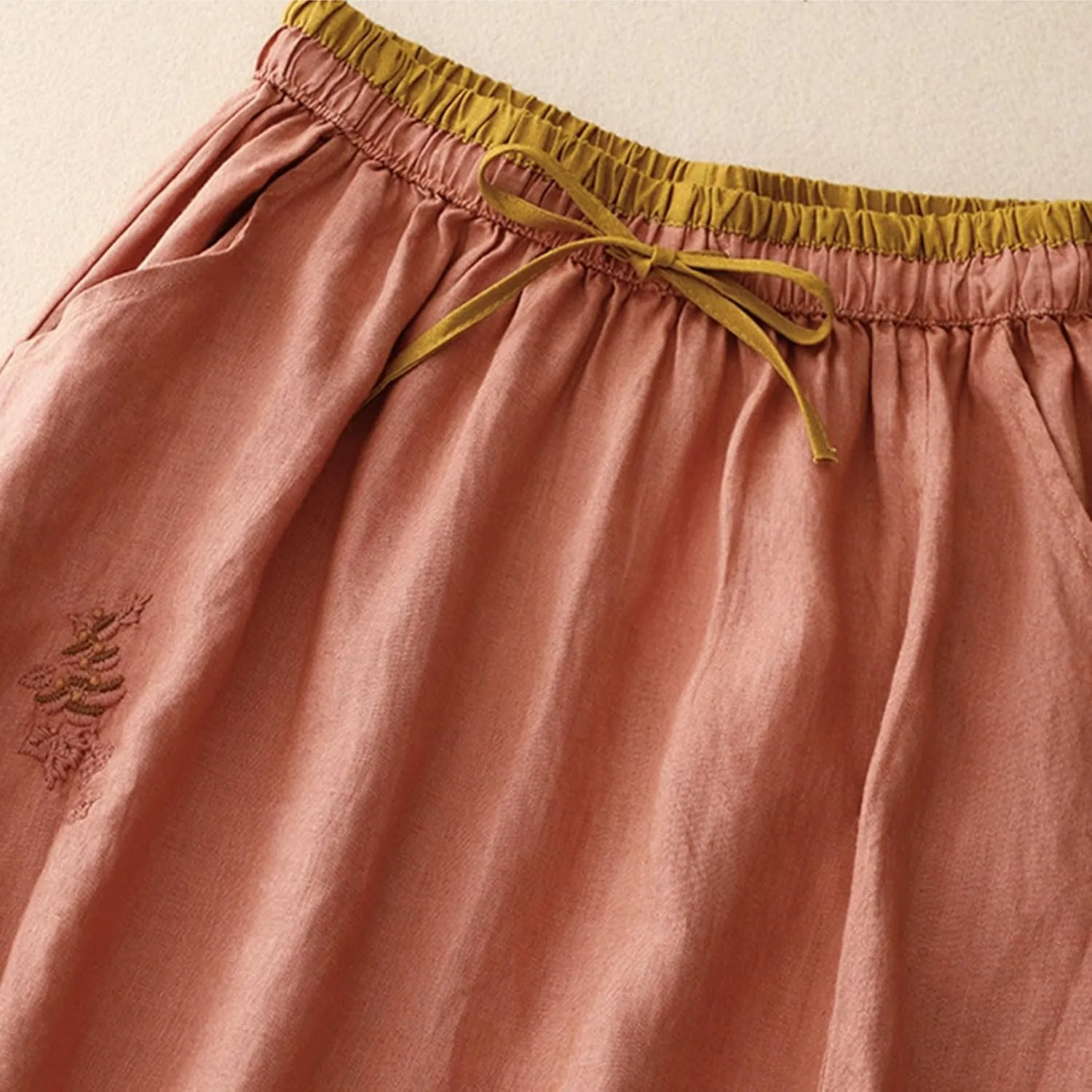 Womens Linen Cotton Skirts Drawstring Elastic Waist Comfy Loose Boho Skirts with Pockets Lightweight Sumnmer Skirts