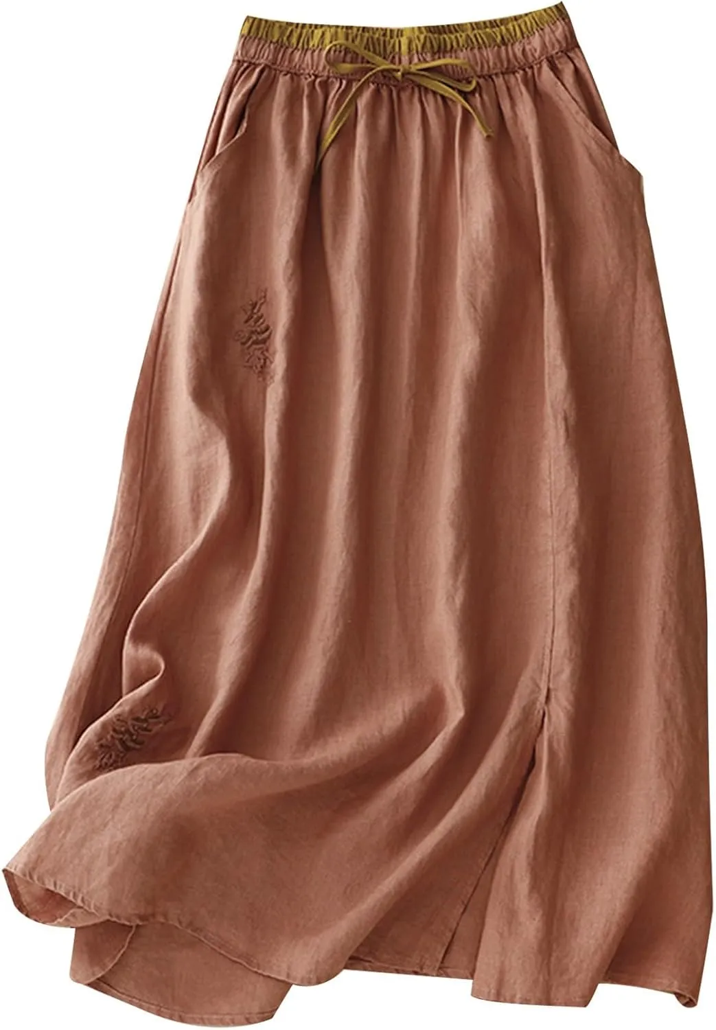 Womens Linen Cotton Skirts Drawstring Elastic Waist Comfy Loose Boho Skirts with Pockets Lightweight Sumnmer Skirts