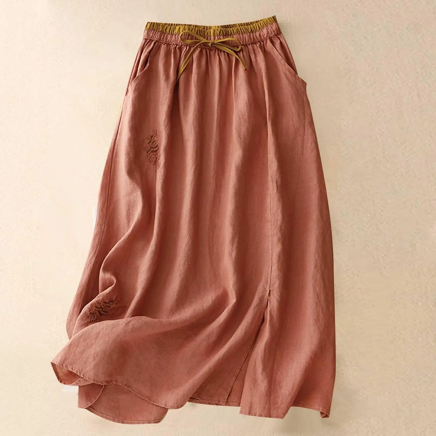 Womens Linen Cotton Skirts Drawstring Elastic Waist Comfy Loose Boho Skirts with Pockets Lightweight Sumnmer Skirts