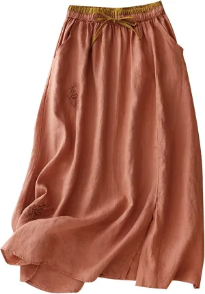 Womens Linen Cotton Skirts Drawstring Elastic Waist Comfy Loose Boho Skirts with Pockets Lightweight Sumnmer Skirts
