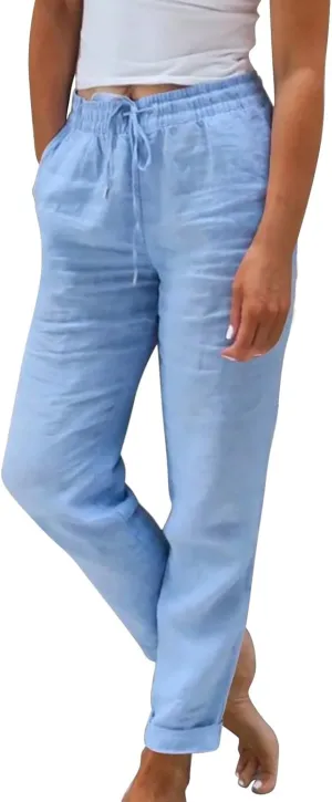 Womens Linen Cropped Pants High Waisted Summer Beach Pants Elastic Waist Tapered Pants Casual Ankle Length Trousers