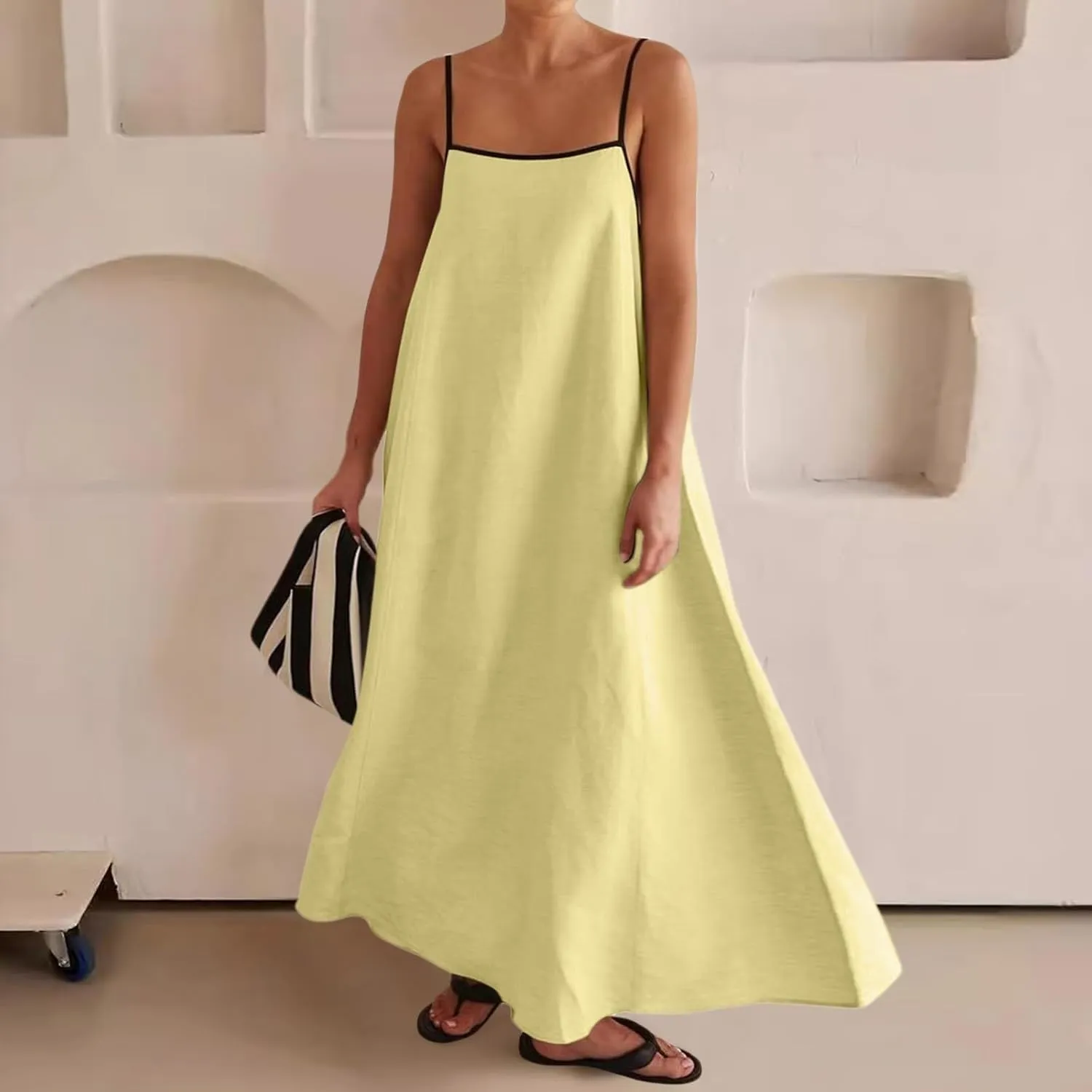 Womens Linen Maxi Dress Contrast Trim Spaghetti Straps Summer Outfits Sleeveless Long Womens Business Casual Dresses