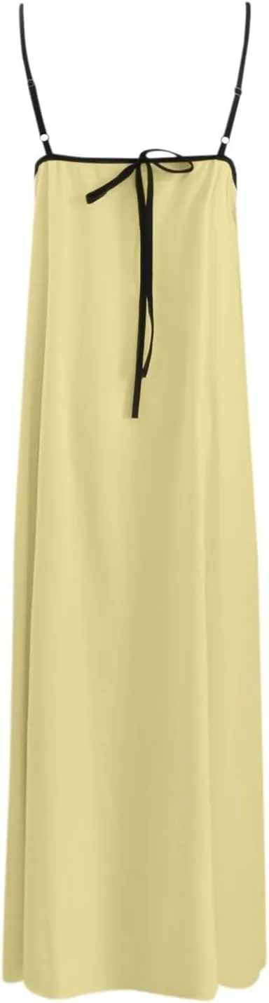 Womens Linen Maxi Dress Contrast Trim Spaghetti Straps Summer Outfits Sleeveless Long Womens Business Casual Dresses