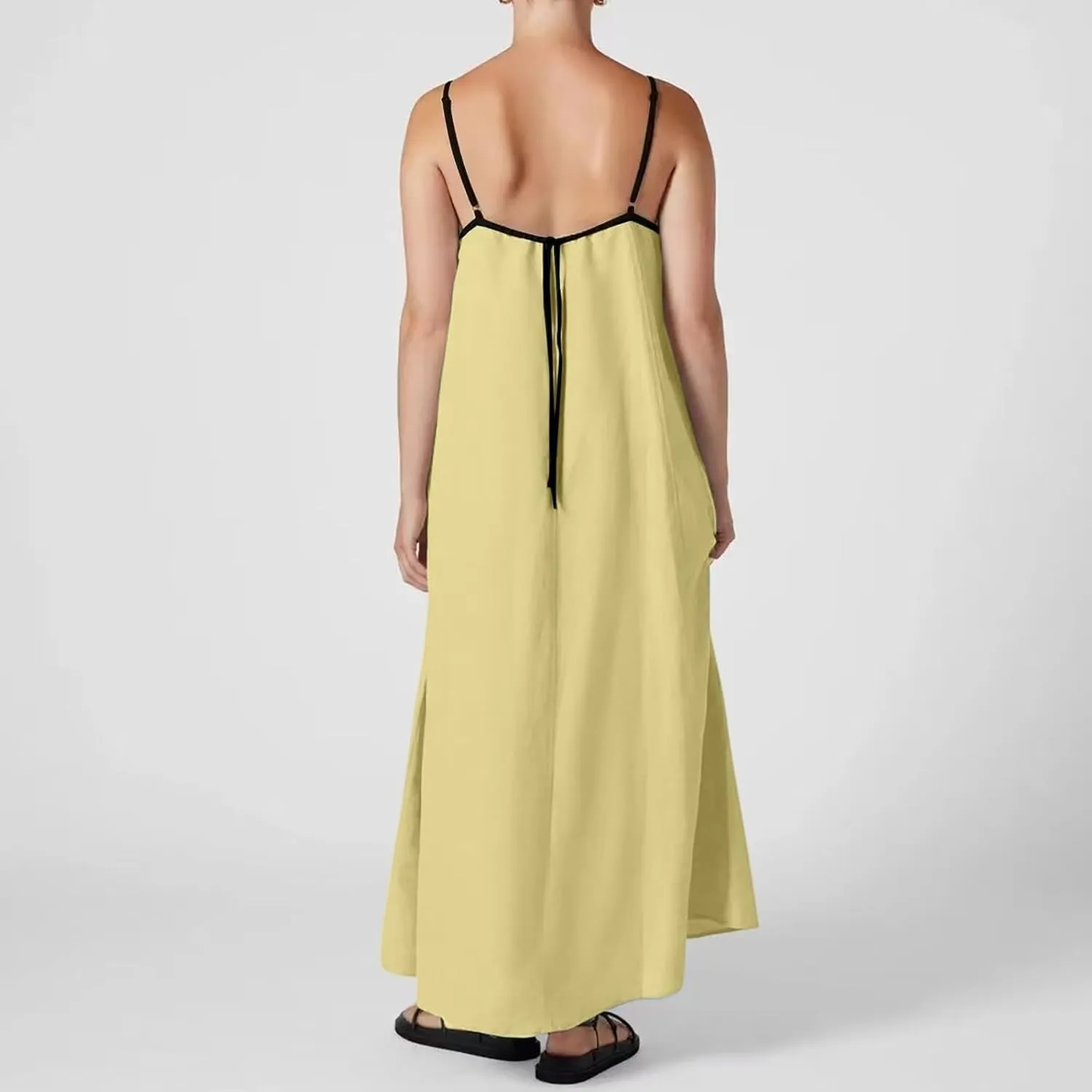 Womens Linen Maxi Dress Contrast Trim Spaghetti Straps Summer Outfits Sleeveless Long Womens Business Casual Dresses