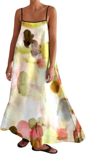 Womens Linen Maxi Dress Contrast Trim Spaghetti Straps Summer Outfits Sleeveless Long Womens Business Casual Dresses
