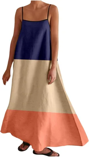 Womens Linen Maxi Dress Contrast Trim Spaghetti Straps Summer Outfits Sleeveless Long Womens Business Casual Dresses