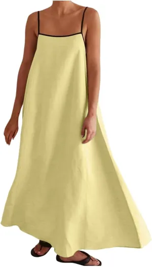Womens Linen Maxi Dress Contrast Trim Spaghetti Straps Summer Outfits Sleeveless Long Womens Business Casual Dresses