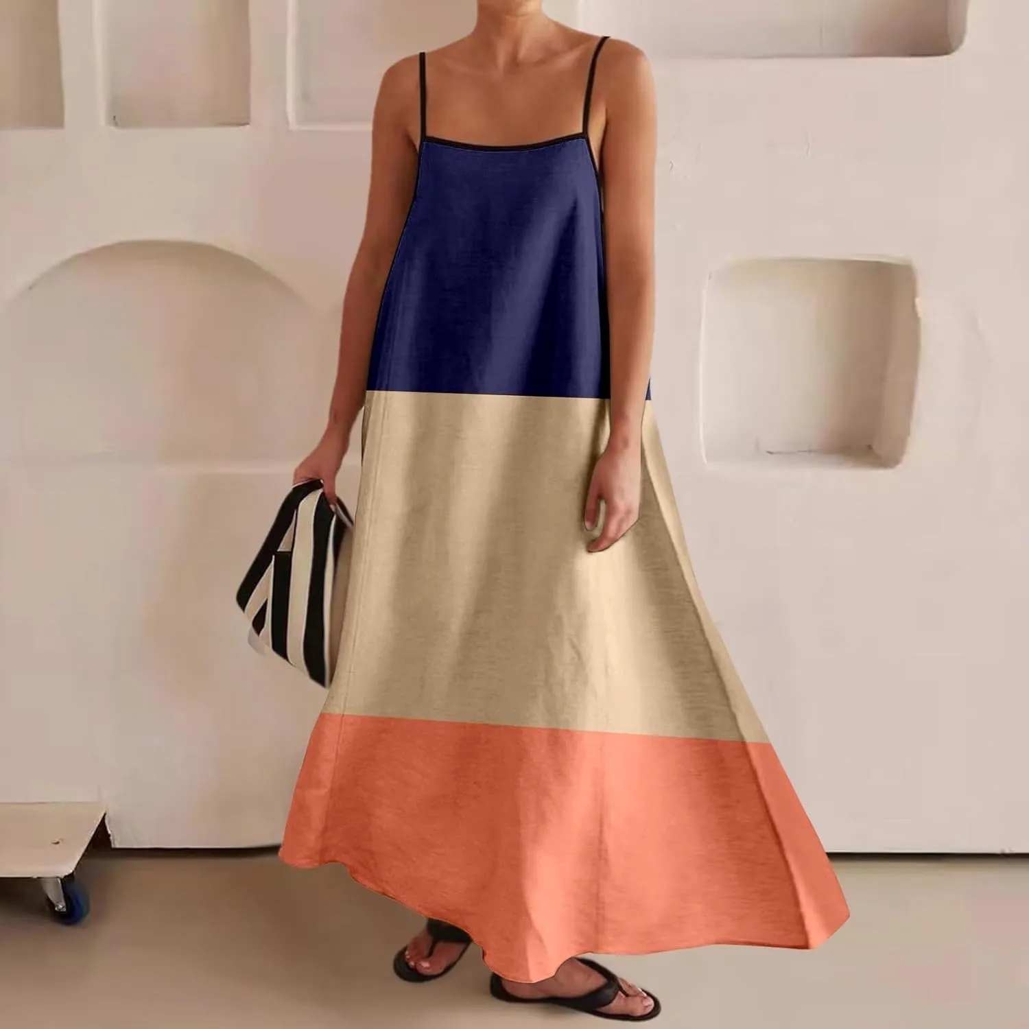 Womens Linen Maxi Dress Contrast Trim Spaghetti Straps Summer Outfits Sleeveless Long Womens Business Casual Dresses