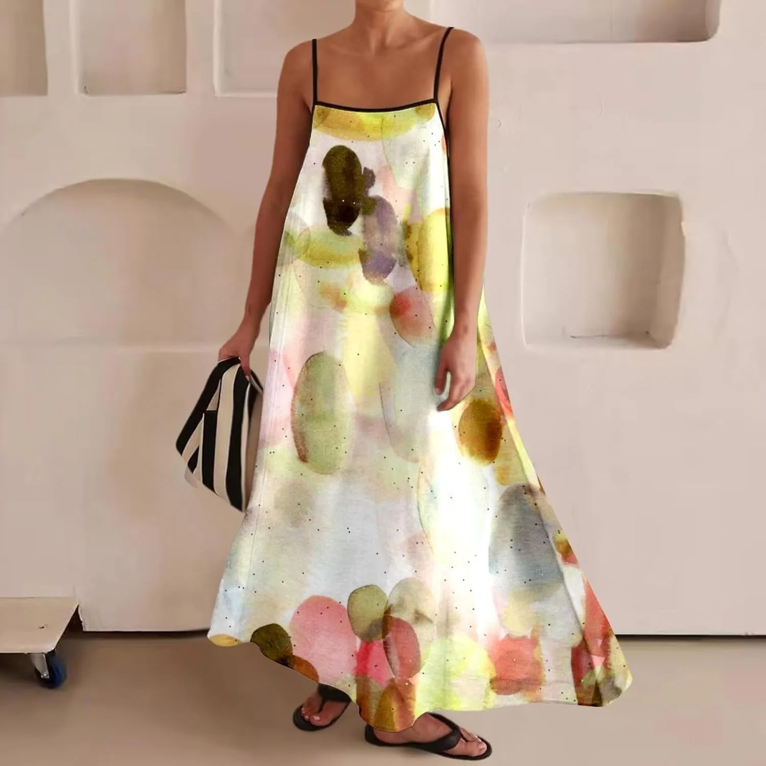 Womens Linen Maxi Dress Contrast Trim Spaghetti Straps Summer Outfits Sleeveless Long Womens Business Casual Dresses