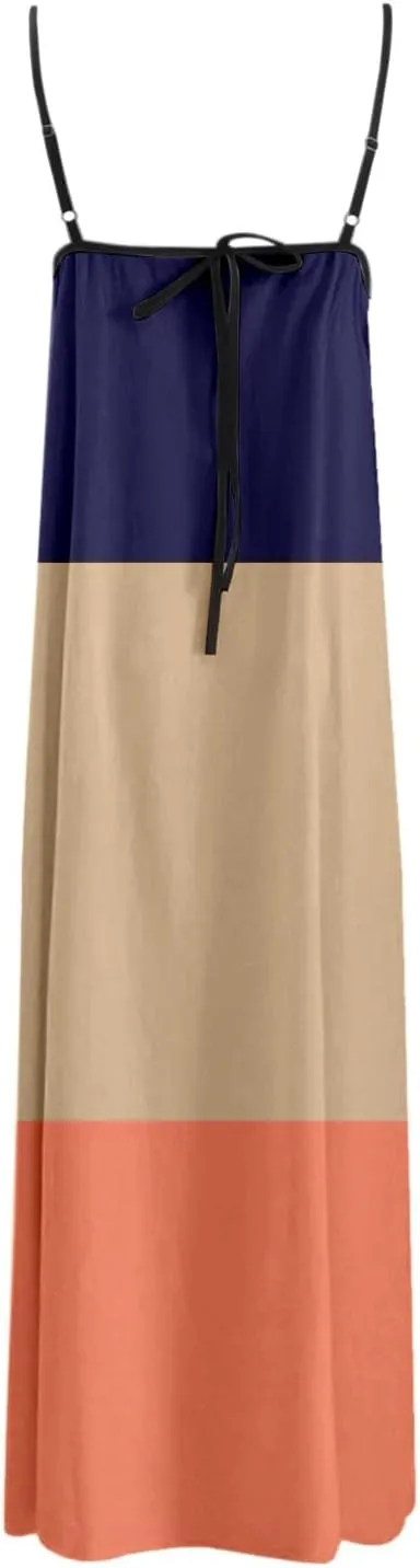 Womens Linen Maxi Dress Contrast Trim Spaghetti Straps Summer Outfits Sleeveless Long Womens Business Casual Dresses