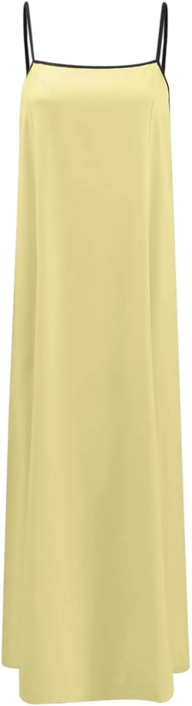 Womens Linen Maxi Dress Contrast Trim Spaghetti Straps Summer Outfits Sleeveless Long Womens Business Casual Dresses