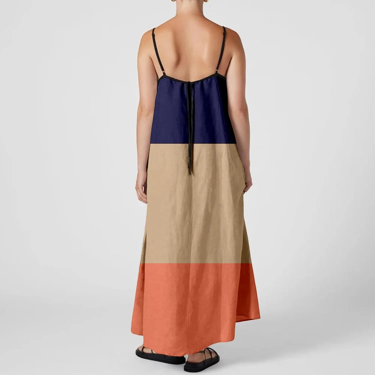 Womens Linen Maxi Dress Contrast Trim Spaghetti Straps Summer Outfits Sleeveless Long Womens Business Casual Dresses