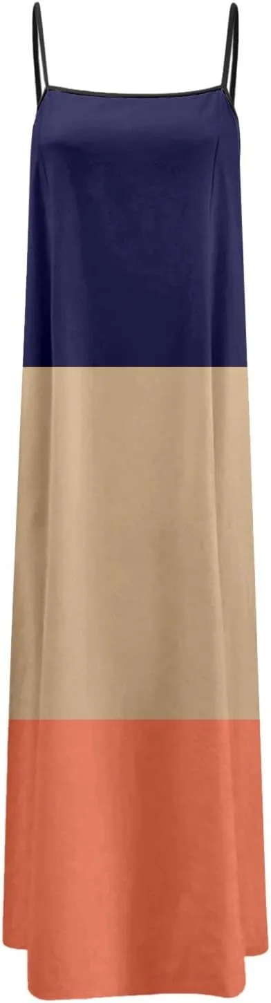 Womens Linen Maxi Dress Contrast Trim Spaghetti Straps Summer Outfits Sleeveless Long Womens Business Casual Dresses