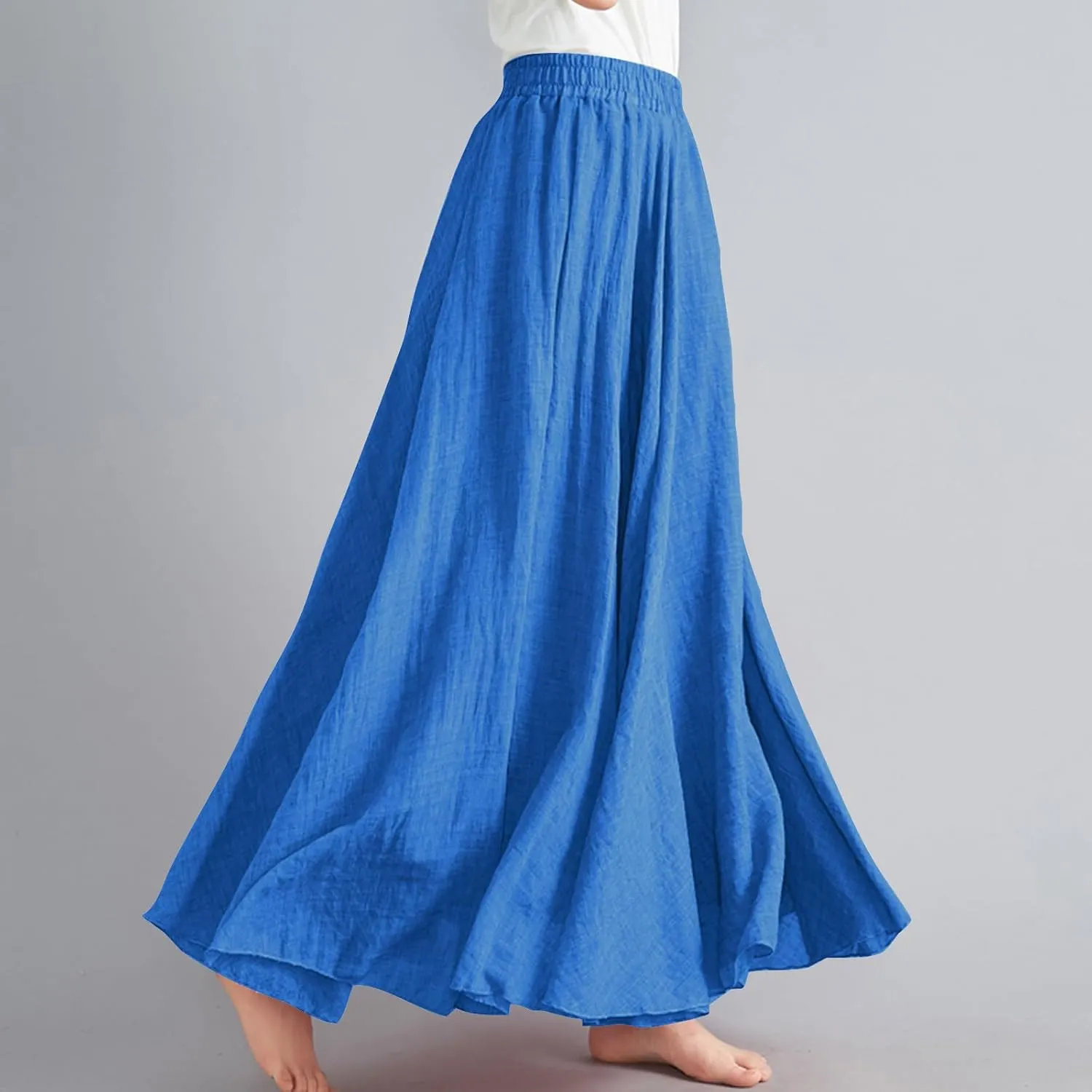 Womens Linen Skirt 2025 Summer Fashion Casual Elastic High Waist Long Skirts Pleated A-Line Flowy Swing Skirt