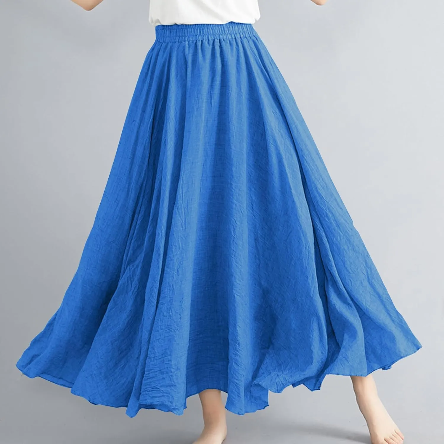 Womens Linen Skirt 2025 Summer Fashion Casual Elastic High Waist Long Skirts Pleated A-Line Flowy Swing Skirt