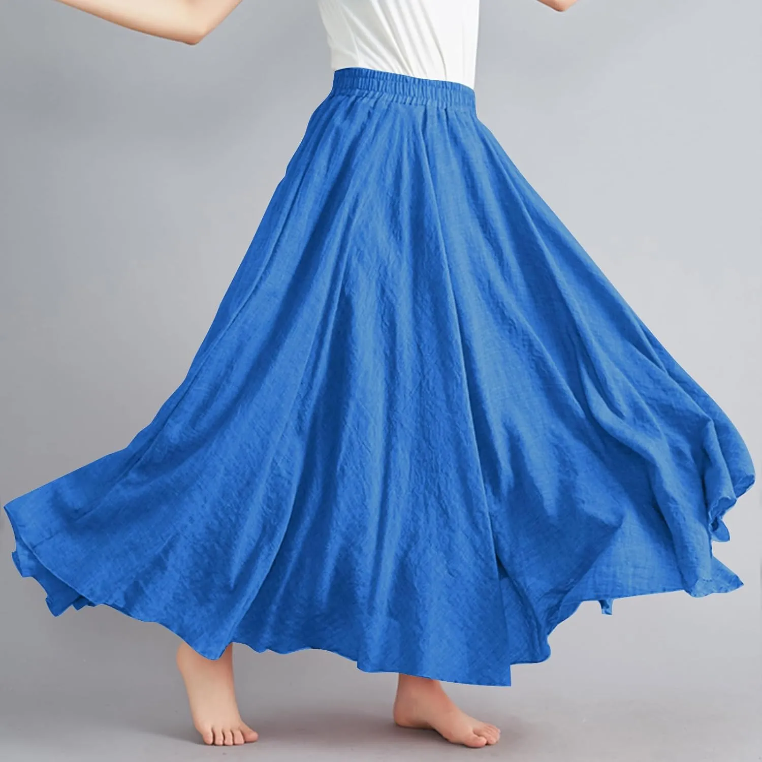 Womens Linen Skirt 2025 Summer Fashion Casual Elastic High Waist Long Skirts Pleated A-Line Flowy Swing Skirt