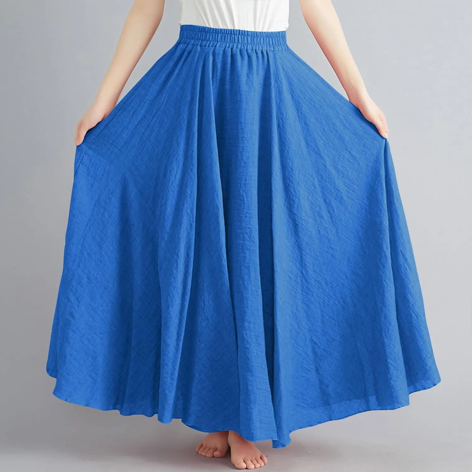 Womens Linen Skirt 2025 Summer Fashion Casual Elastic High Waist Long Skirts Pleated A-Line Flowy Swing Skirt