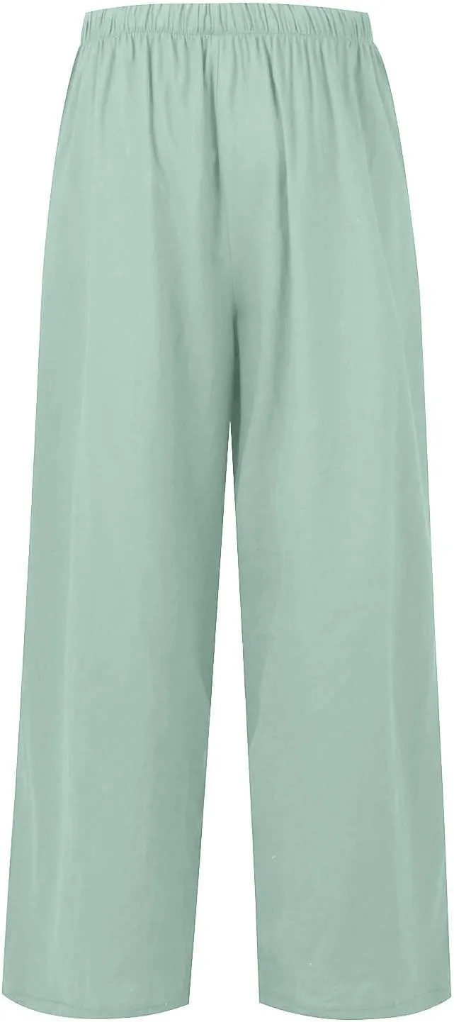 Women's Linen Summer Flowy Palazzo Pants Flowy Wide Leg High Waisted Drawstring Beach Palazzo Trousers with Pockets
