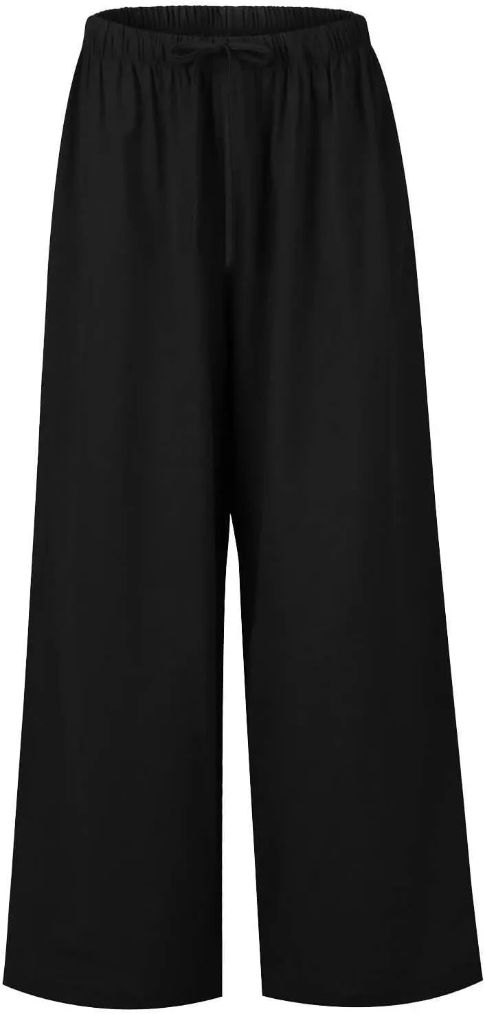 Women's Linen Summer Flowy Palazzo Pants Flowy Wide Leg High Waisted Drawstring Beach Palazzo Trousers with Pockets