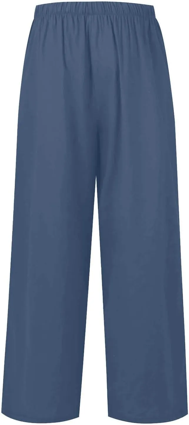 Women's Linen Summer Flowy Palazzo Pants Flowy Wide Leg High Waisted Drawstring Beach Palazzo Trousers with Pockets