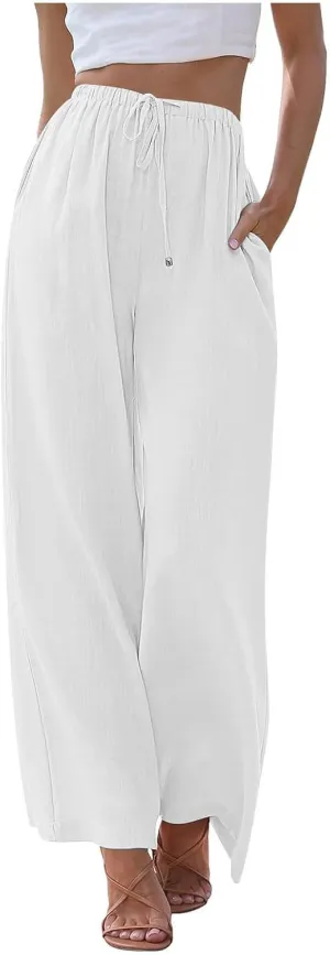 Women's Linen Summer Flowy Palazzo Pants Flowy Wide Leg High Waisted Drawstring Beach Palazzo Trousers with Pockets