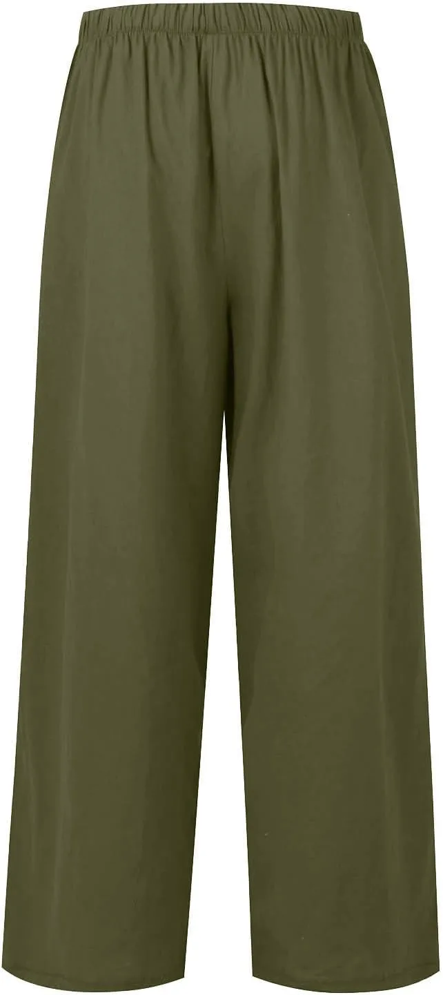 Women's Linen Summer Flowy Palazzo Pants Flowy Wide Leg High Waisted Drawstring Beach Palazzo Trousers with Pockets
