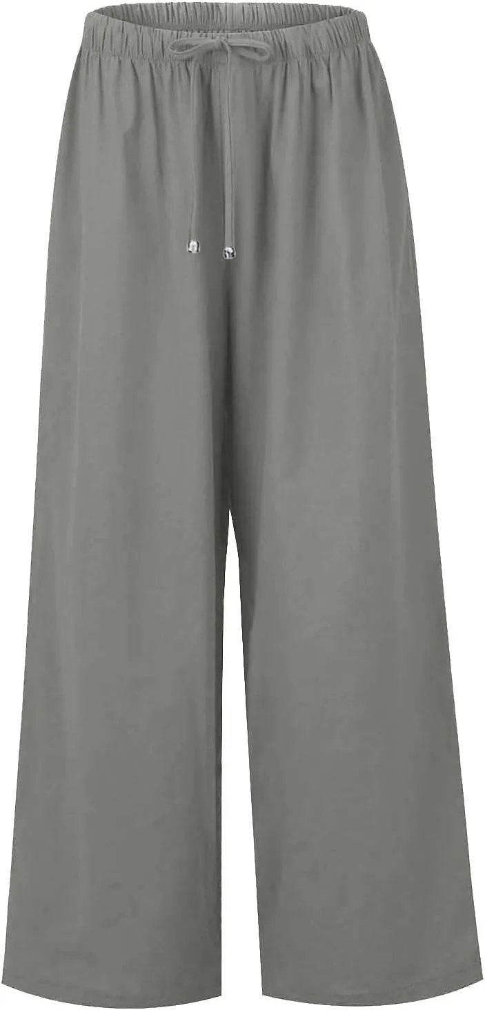 Women's Linen Summer Flowy Palazzo Pants Flowy Wide Leg High Waisted Drawstring Beach Palazzo Trousers with Pockets