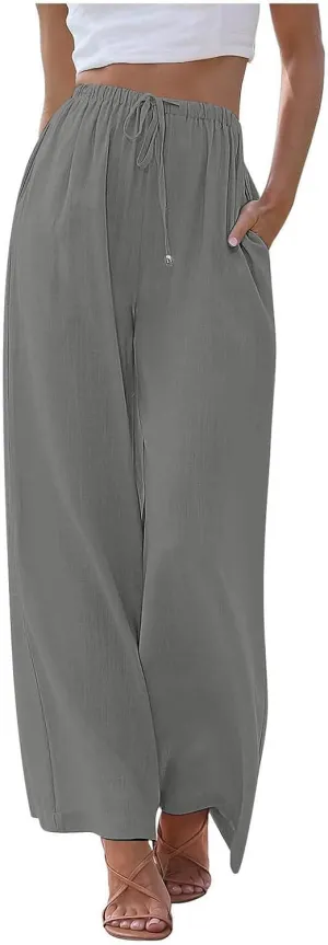 Women's Linen Summer Flowy Palazzo Pants Flowy Wide Leg High Waisted Drawstring Beach Palazzo Trousers with Pockets