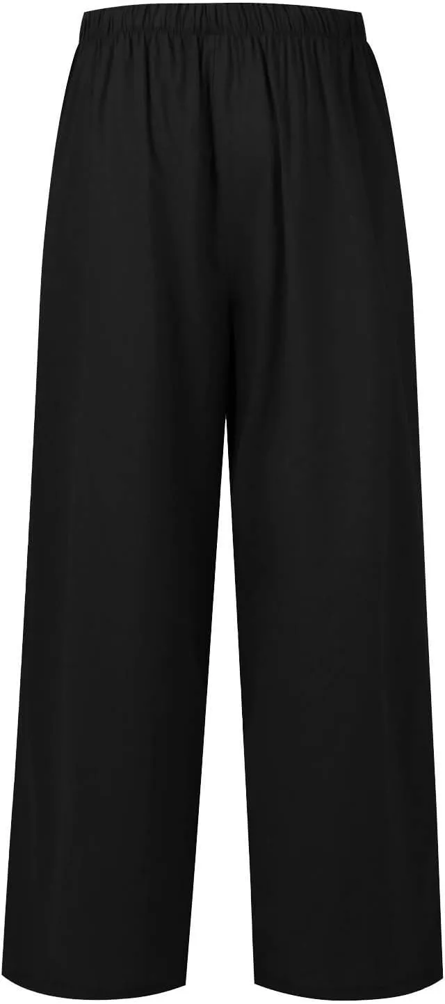 Women's Linen Summer Flowy Palazzo Pants Flowy Wide Leg High Waisted Drawstring Beach Palazzo Trousers with Pockets
