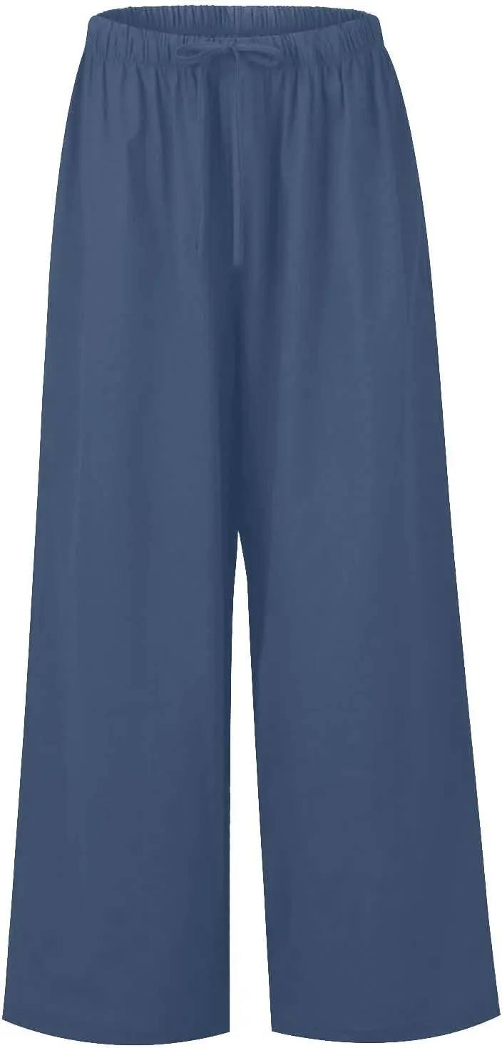 Women's Linen Summer Flowy Palazzo Pants Flowy Wide Leg High Waisted Drawstring Beach Palazzo Trousers with Pockets