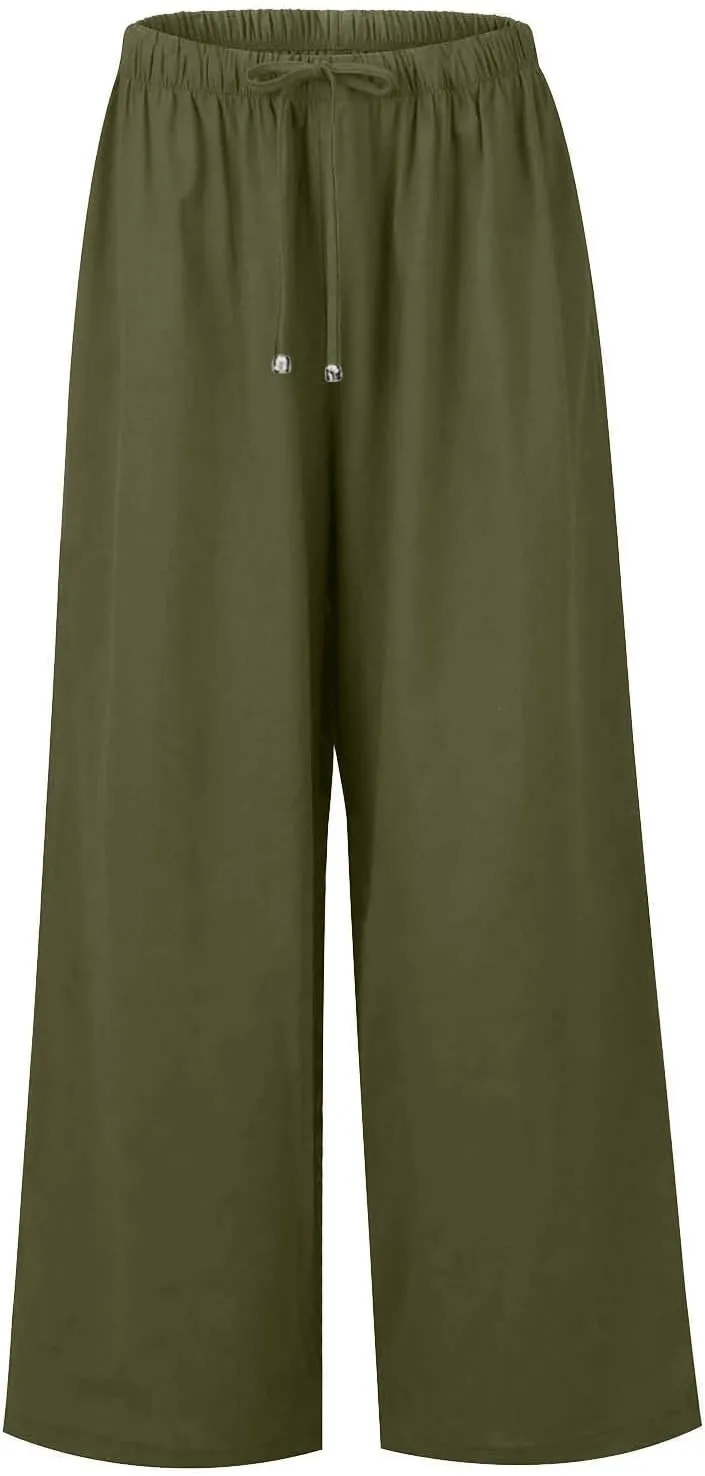 Women's Linen Summer Flowy Palazzo Pants Flowy Wide Leg High Waisted Drawstring Beach Palazzo Trousers with Pockets