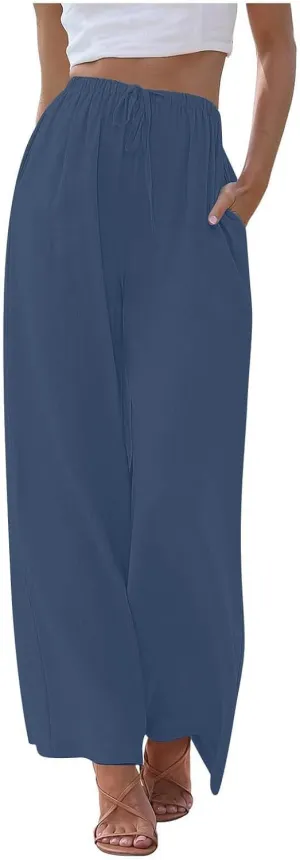 Women's Linen Summer Flowy Palazzo Pants Flowy Wide Leg High Waisted Drawstring Beach Palazzo Trousers with Pockets