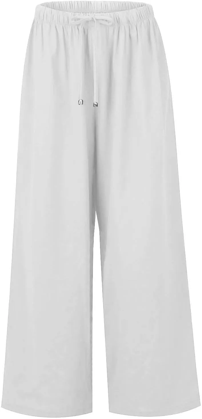 Women's Linen Summer Flowy Palazzo Pants Flowy Wide Leg High Waisted Drawstring Beach Palazzo Trousers with Pockets