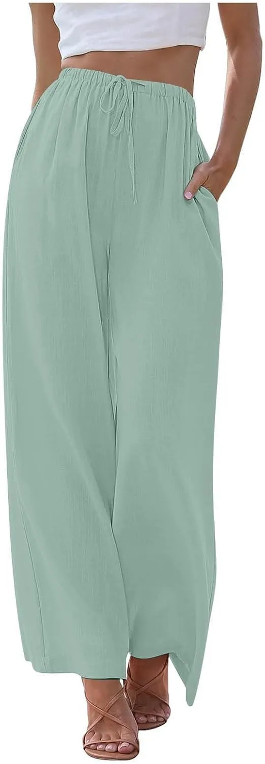 Women's Linen Summer Flowy Palazzo Pants Flowy Wide Leg High Waisted Drawstring Beach Palazzo Trousers with Pockets