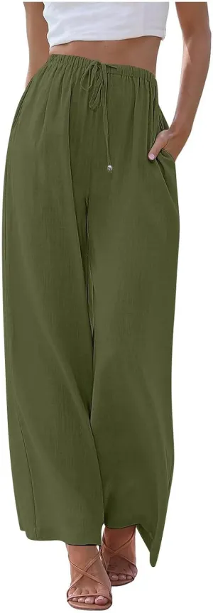 Women's Linen Summer Flowy Palazzo Pants Flowy Wide Leg High Waisted Drawstring Beach Palazzo Trousers with Pockets