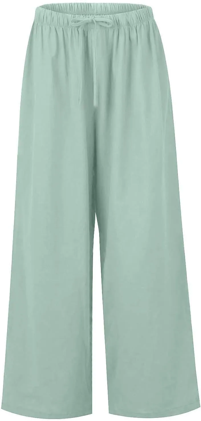 Women's Linen Summer Flowy Palazzo Pants Flowy Wide Leg High Waisted Drawstring Beach Palazzo Trousers with Pockets