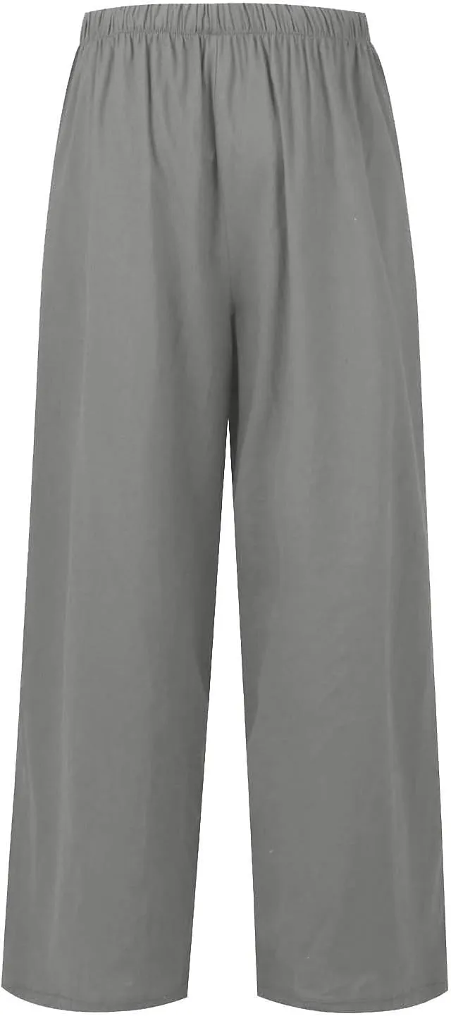 Women's Linen Summer Flowy Palazzo Pants Flowy Wide Leg High Waisted Drawstring Beach Palazzo Trousers with Pockets