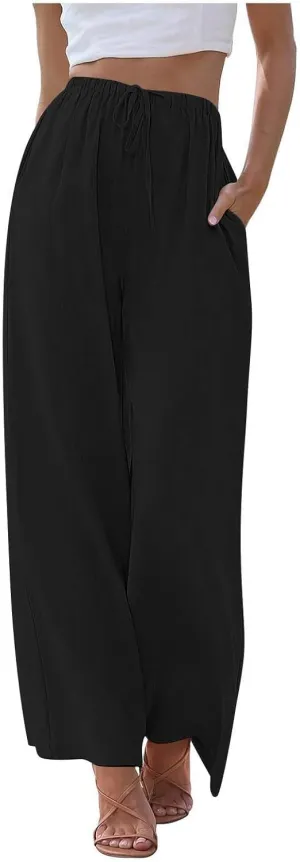 Women's Linen Summer Flowy Palazzo Pants Flowy Wide Leg High Waisted Drawstring Beach Palazzo Trousers with Pockets