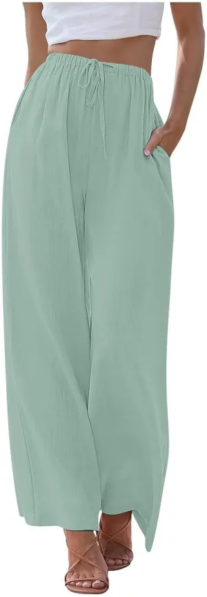 Women's Linen Summer Flowy Palazzo Pants Flowy Wide Leg High Waisted Drawstring Beach Palazzo Trousers with Pockets