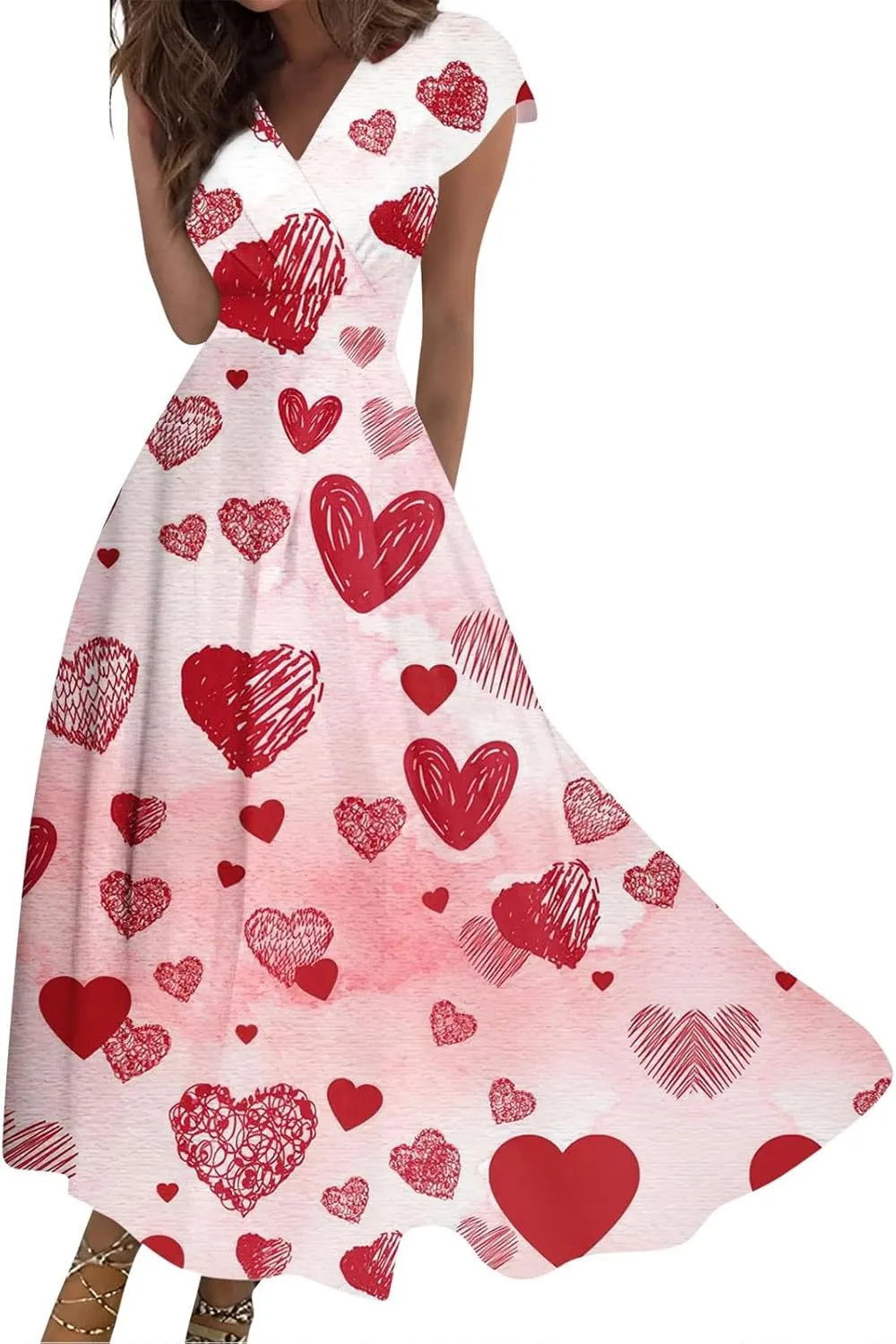 Women's Long Casual Dress Spring Summer Short Sleeve V-Neck Waist Retraction Printed Dress Fashion