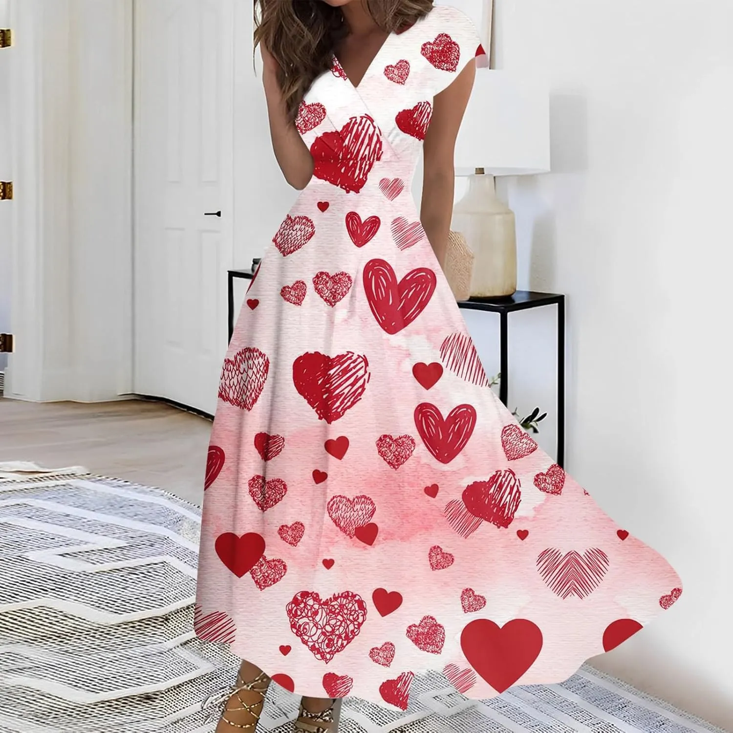 Women's Long Casual Dress Spring Summer Short Sleeve V-Neck Waist Retraction Printed Dress Fashion