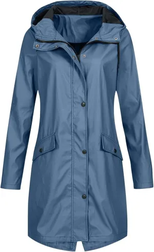 Women's Long Raincoat Jacket Solid Color Zipper Down Windproof Hooded Jackets Outdoor Lightweight Oversized Coats