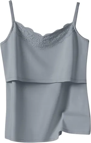 Womens Maternity Nursing Tank Tops Lace V-Neck Cotton Camisole for Breastfeeding with Spaghetti Straps
