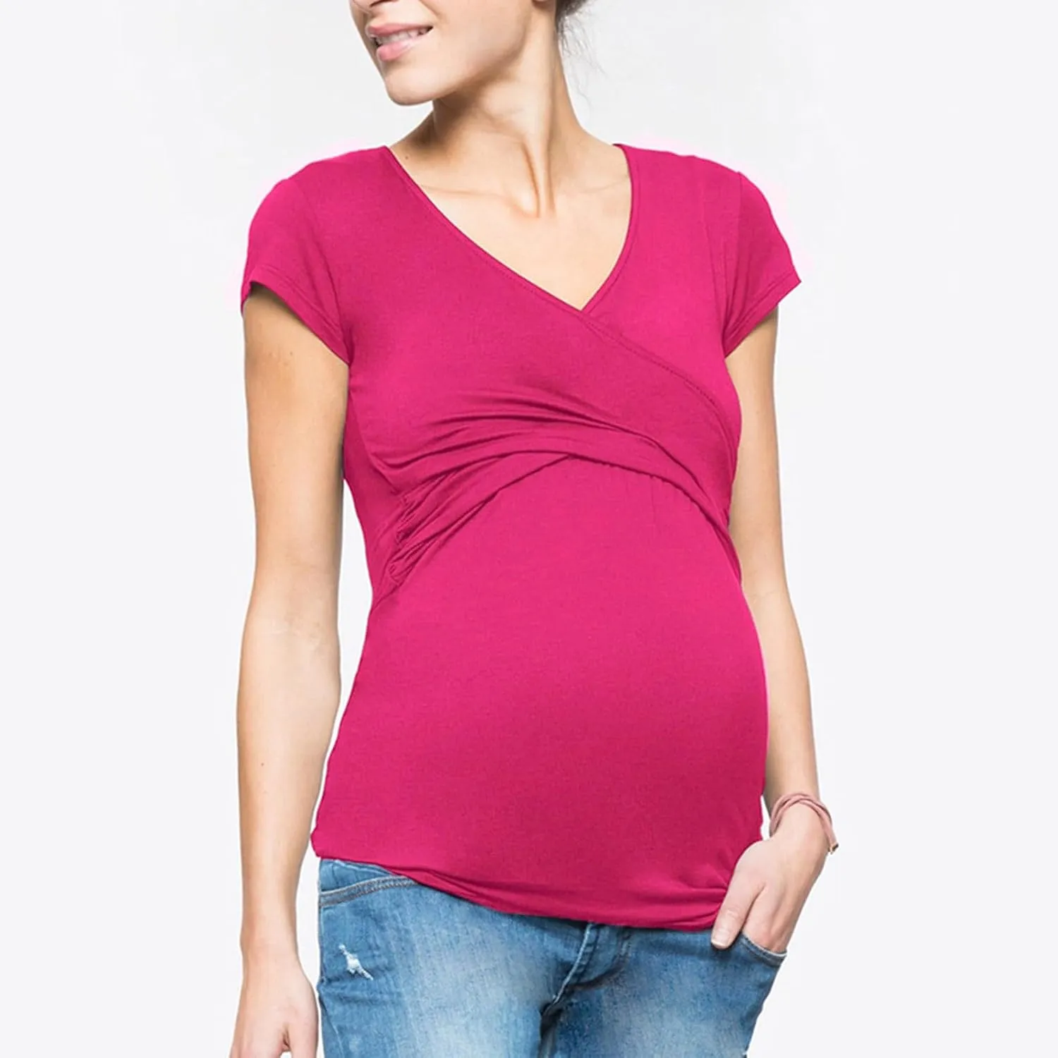 Women's Maternity Shirts Short Sleeve Pregnancy Tops Summer Blouses Casual Wrap V-Neck Ruched Pregnant Tunic Tee