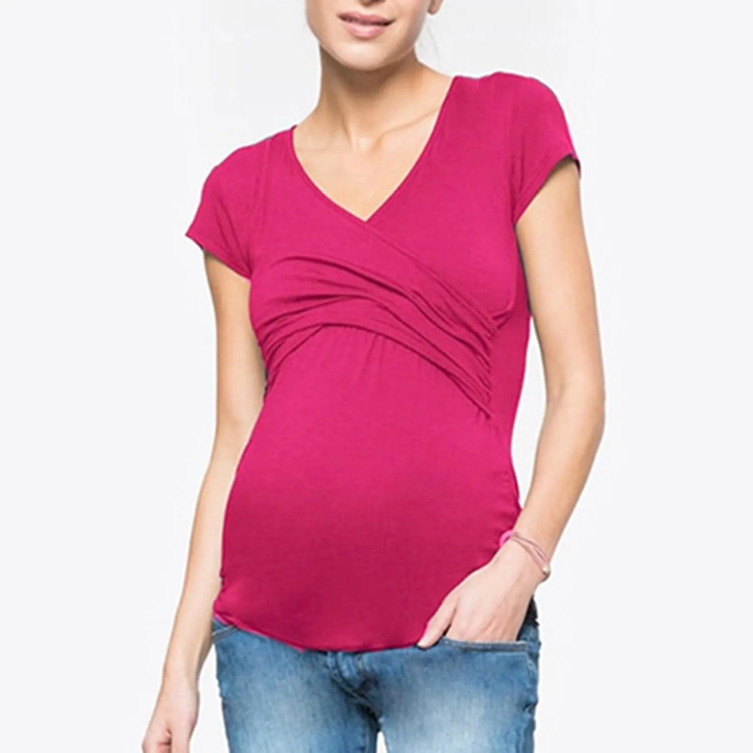 Women's Maternity Shirts Short Sleeve Pregnancy Tops Summer Blouses Casual Wrap V-Neck Ruched Pregnant Tunic Tee