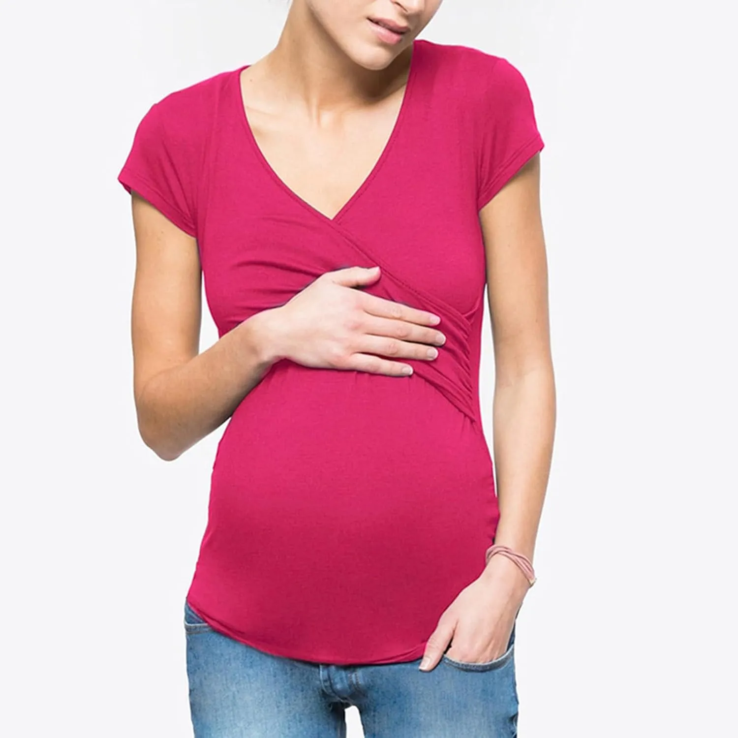 Women's Maternity Shirts Short Sleeve Pregnancy Tops Summer Blouses Casual Wrap V-Neck Ruched Pregnant Tunic Tee