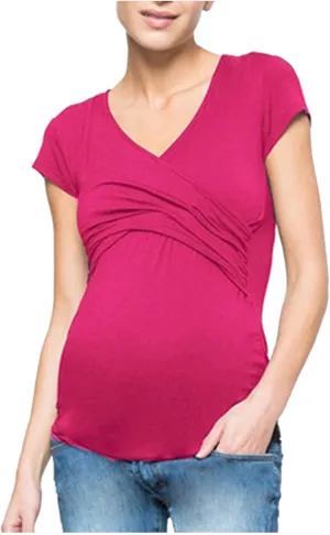 Women's Maternity Shirts Short Sleeve Pregnancy Tops Summer Blouses Casual Wrap V-Neck Ruched Pregnant Tunic Tee