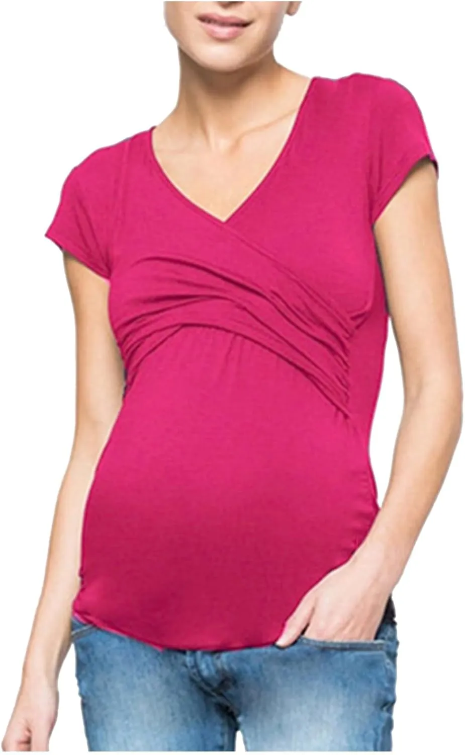Women's Maternity Shirts Short Sleeve Pregnancy Tops Summer Blouses Casual Wrap V-Neck Ruched Pregnant Tunic Tee