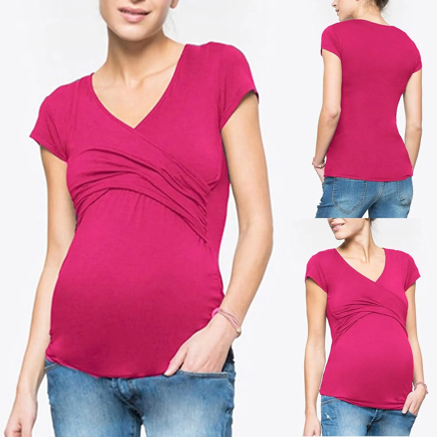 Women's Maternity Shirts Short Sleeve Pregnancy Tops Summer Blouses Casual Wrap V-Neck Ruched Pregnant Tunic Tee